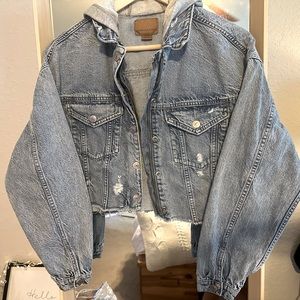American Eagle Cropped Zip Jersey Hooded Jean Jacket Light Wash Size Small S
